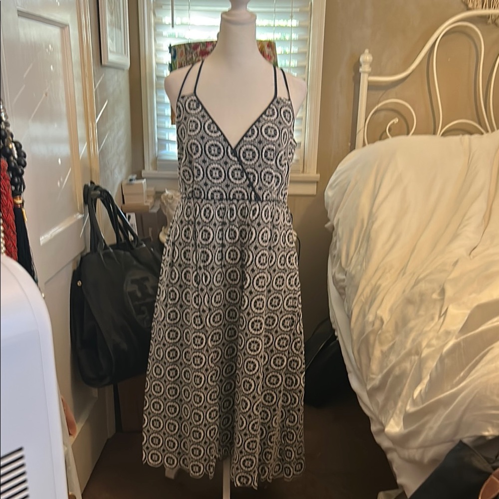 J. Crew Blue and White Midi Sundress with Spaghetti Straps